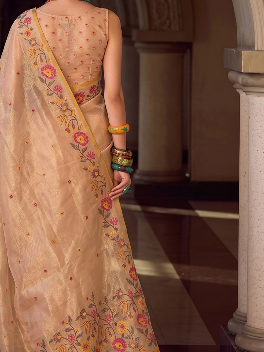Peachmode Beige Tissue Silk Woven Saree - Image 5
