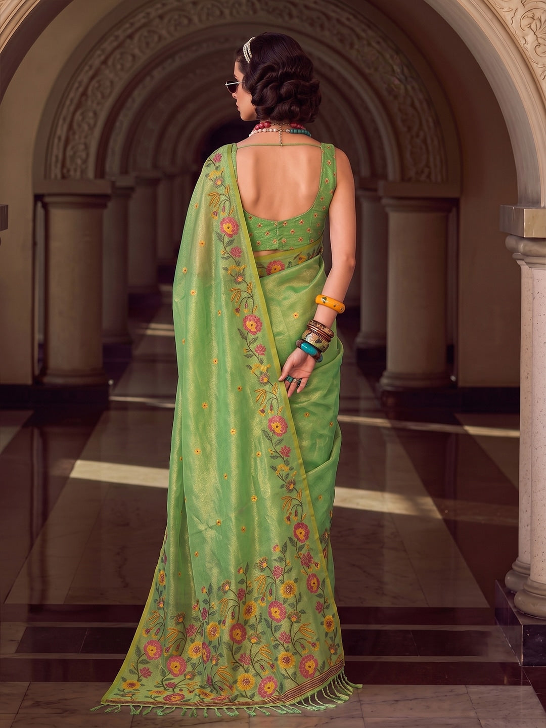 Peachmode Light Green Tissue Silk Woven Saree - Image 2