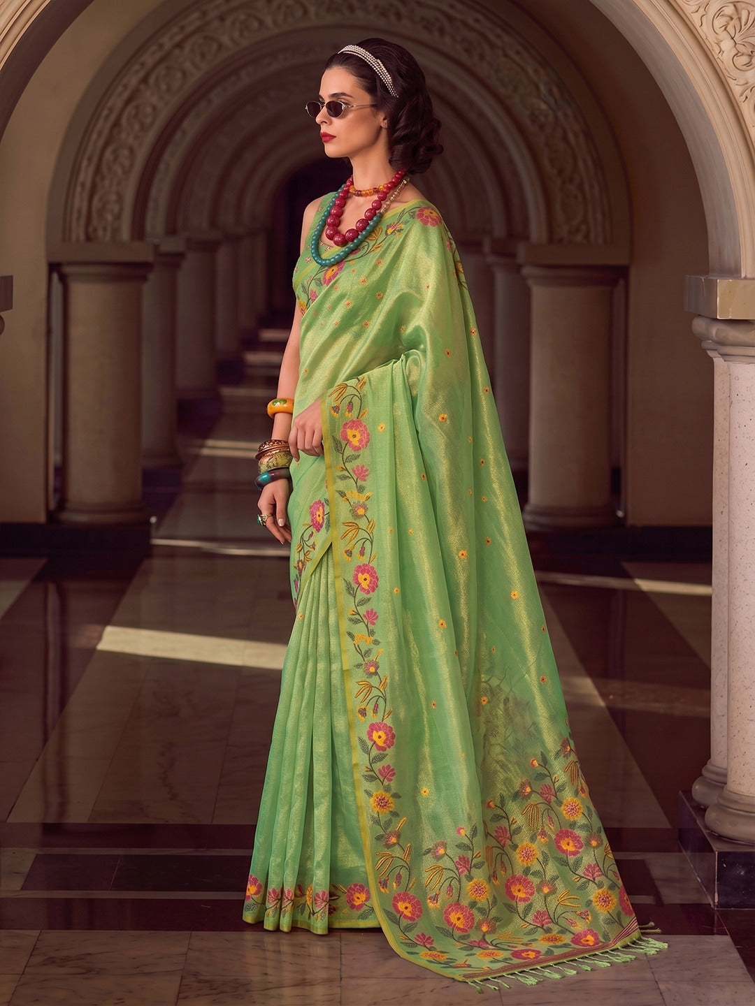 Peachmode Light Green Tissue Silk Woven Saree - Image 3