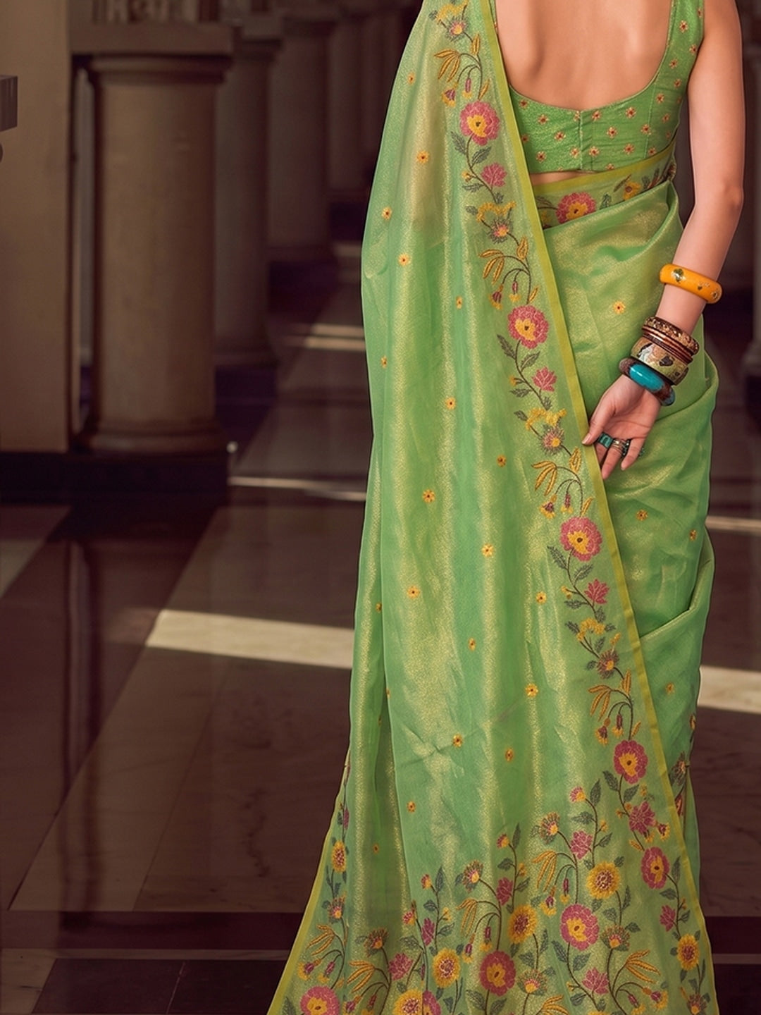 Peachmode Light Green Tissue Silk Woven Saree - Image 4