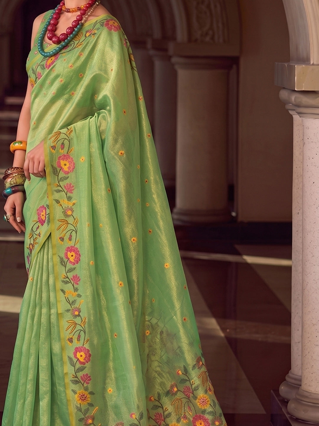 Peachmode Light Green Tissue Silk Woven Saree - Image 5