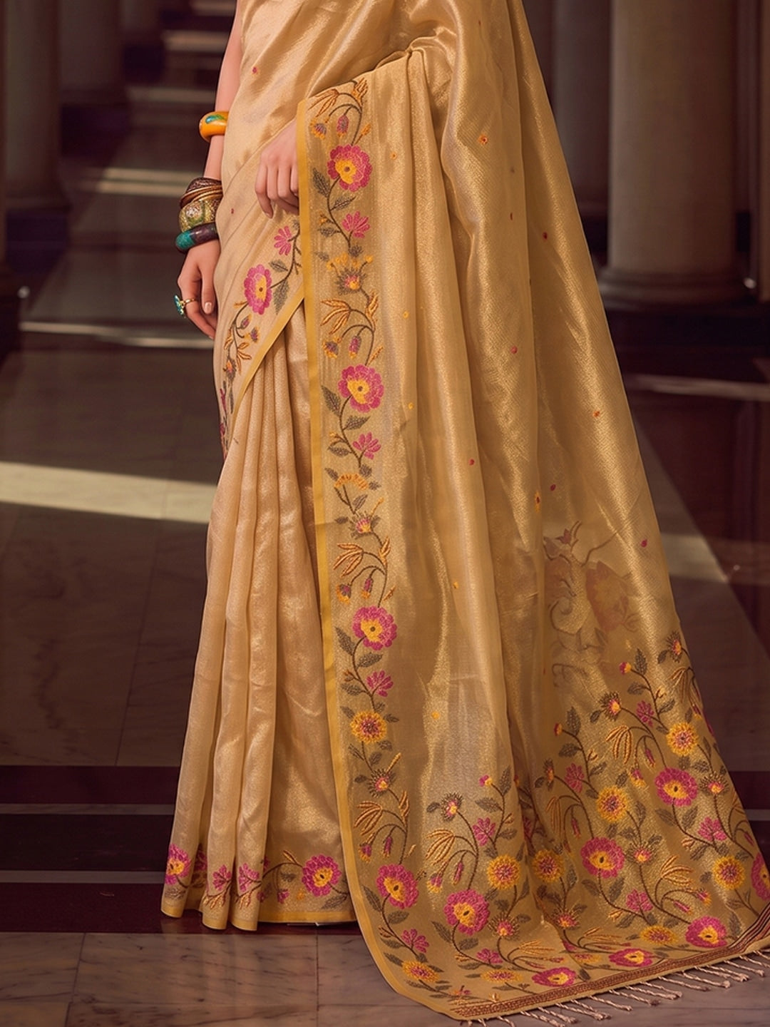 Peachmode Golden Tissue Silk Woven Saree - Image 5