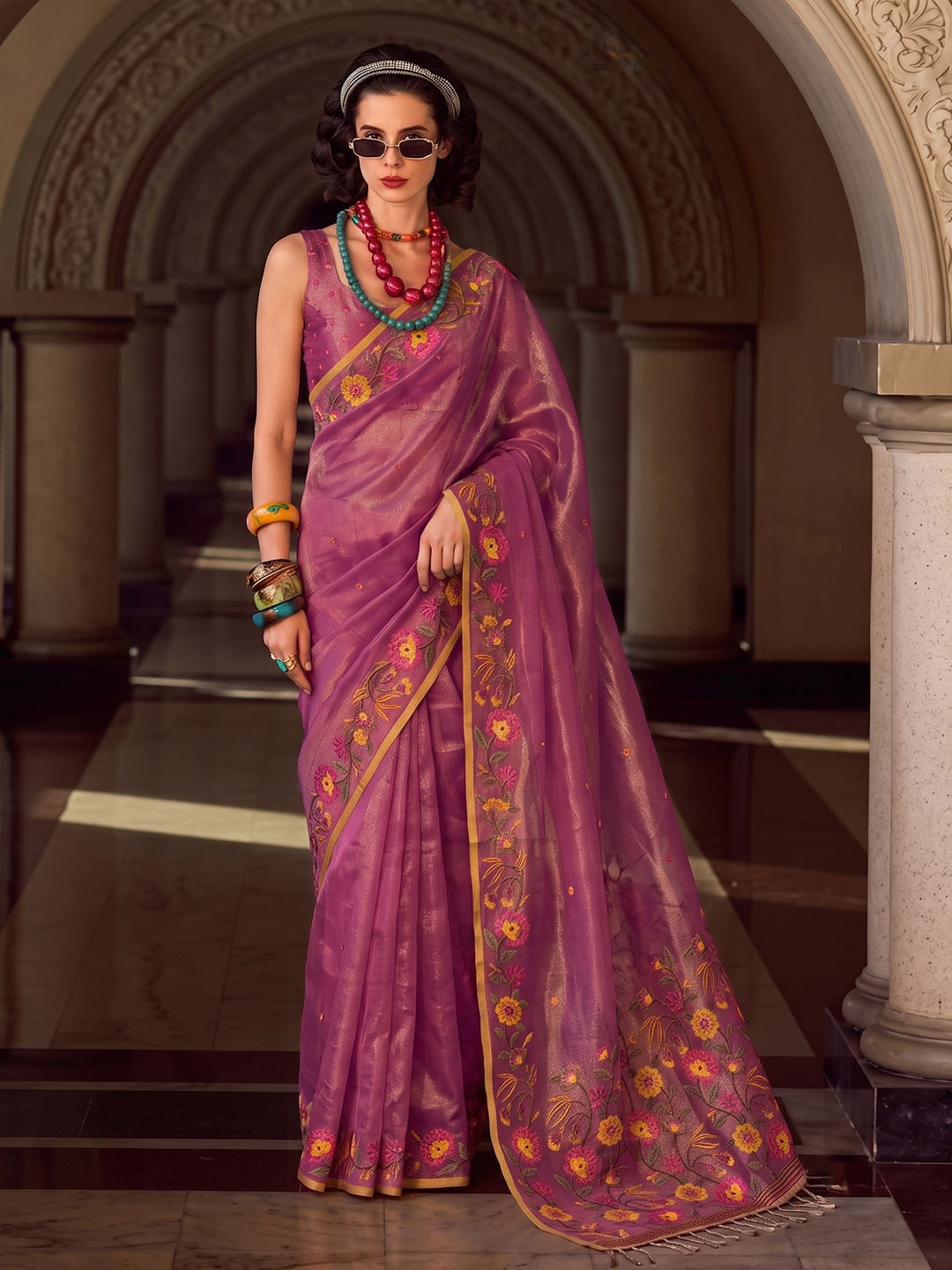 Peachmode Dark Pink Tissue Silk Woven Saree - Image 1