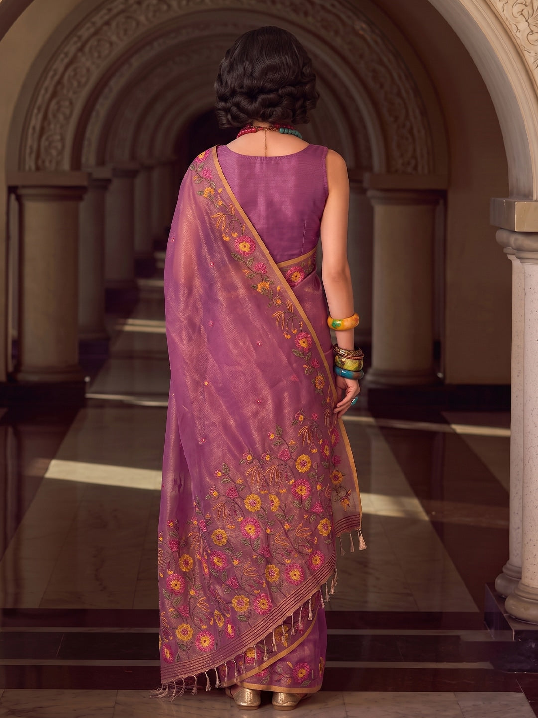 Peachmode Dark Pink Tissue Silk Woven Saree - Image 2