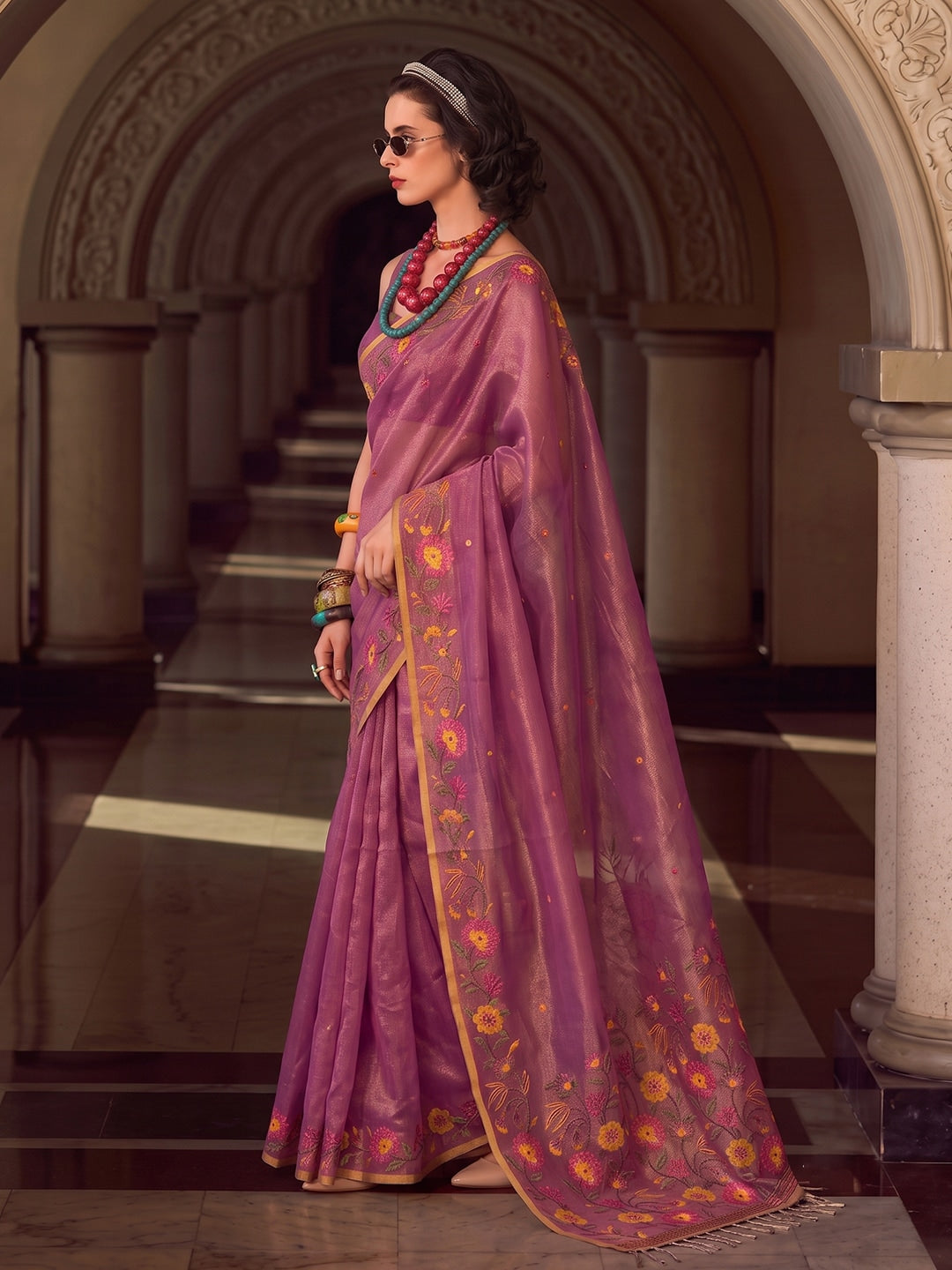 Peachmode Dark Pink Tissue Silk Woven Saree - Image 3