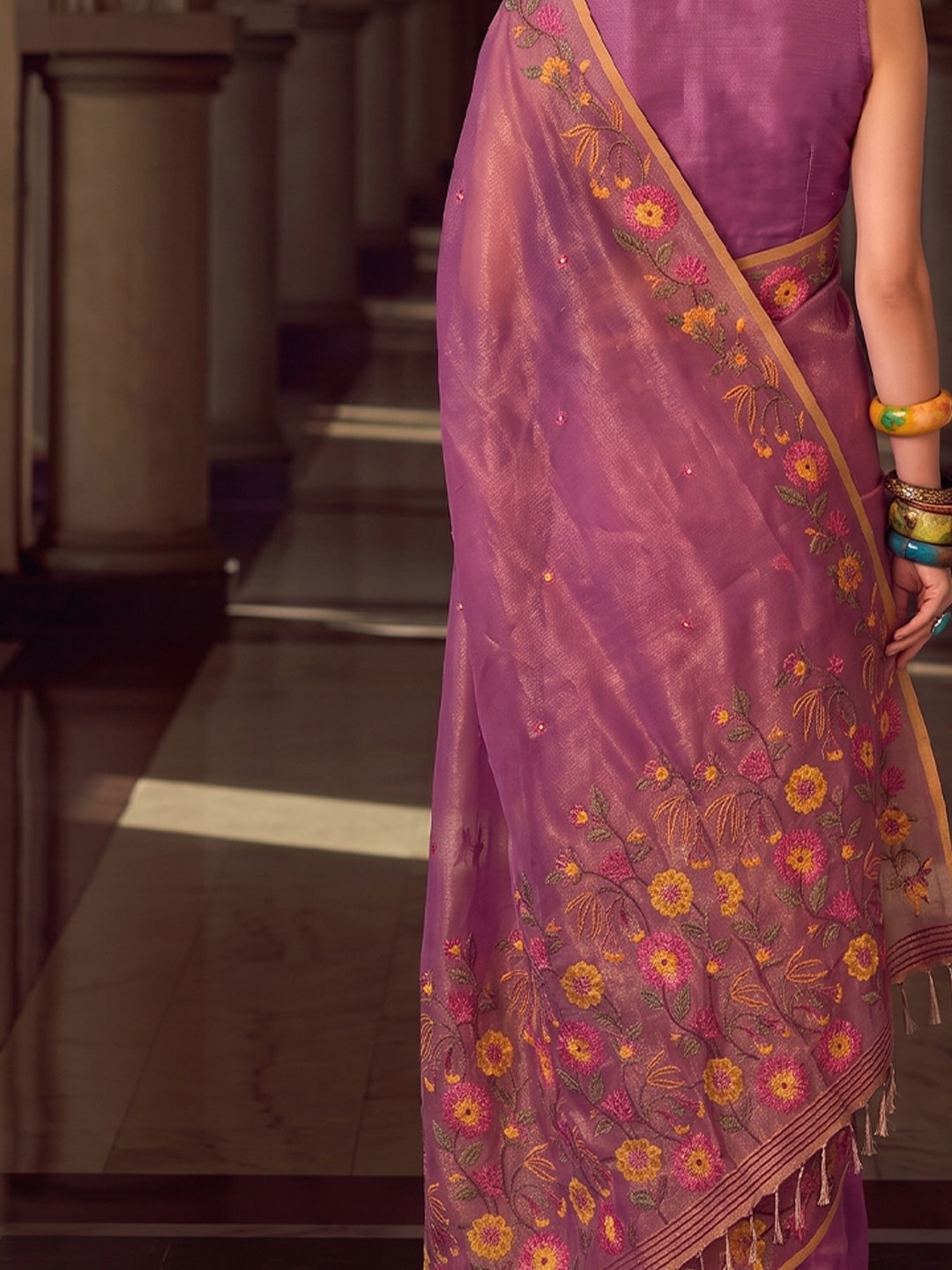 Peachmode Dark Pink Tissue Silk Woven Saree - Image 4