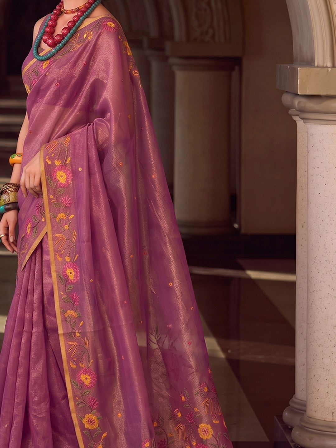 Peachmode Dark Pink Tissue Silk Woven Saree - Image 5