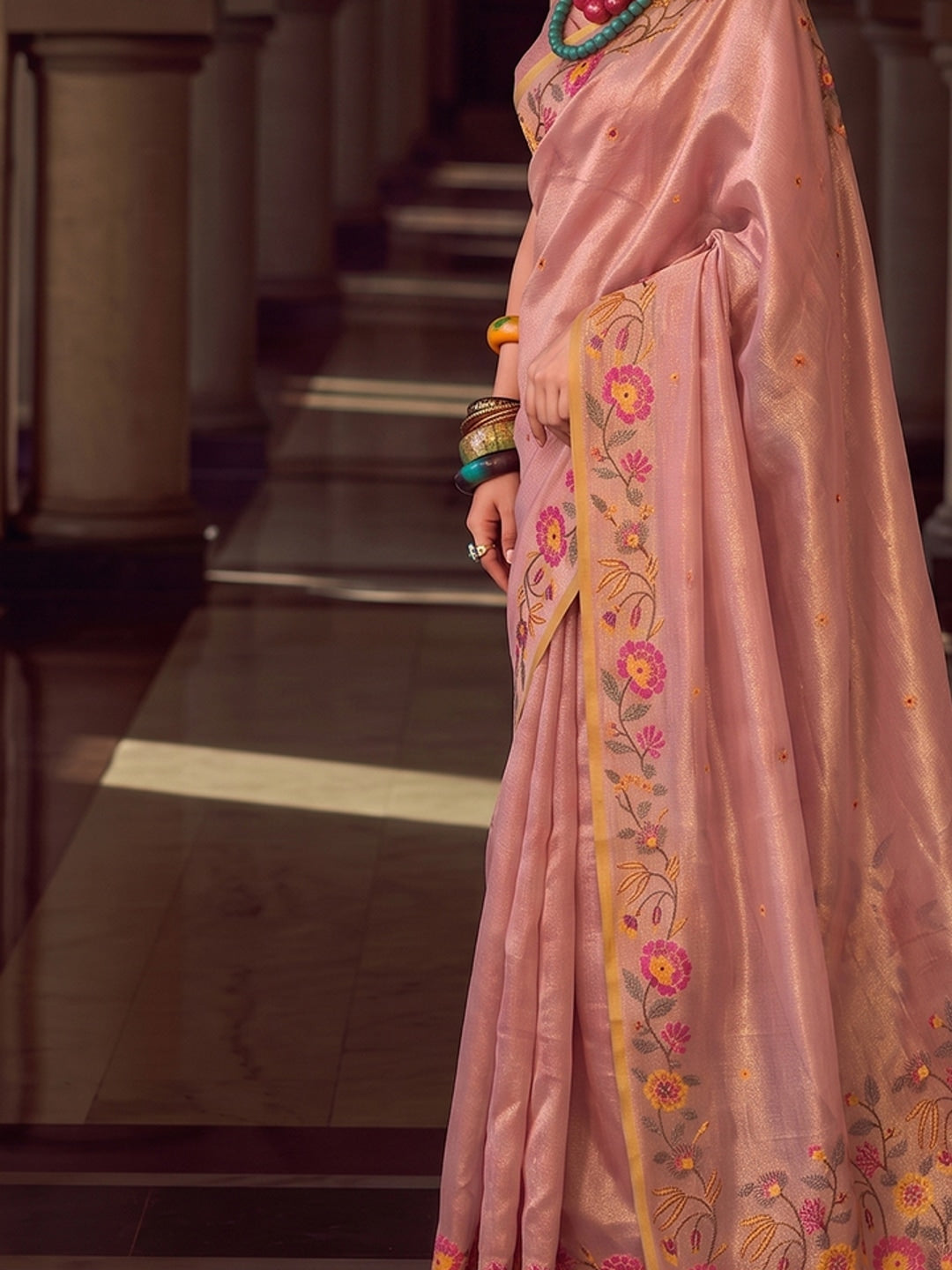 Peachmode Light Pink Tissue Silk Woven Saree - Image 4