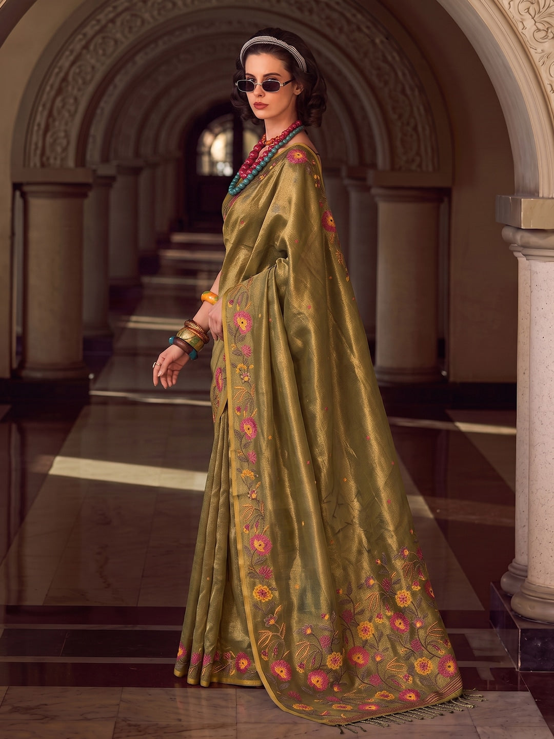 Peachmode Olive Green Tissue Silk Woven Saree - Image 2