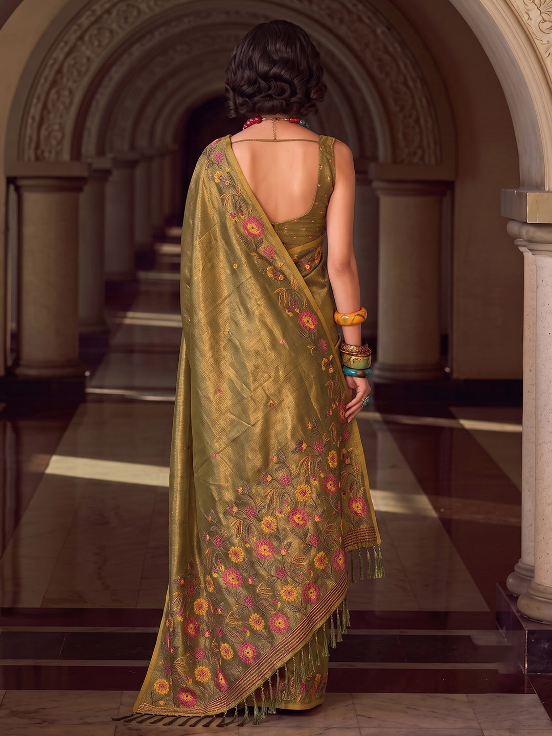 Peachmode Olive Green Tissue Silk Woven Saree - Image 3