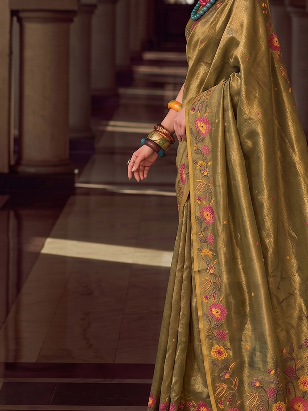 Peachmode Olive Green Tissue Silk Woven Saree - Image 4