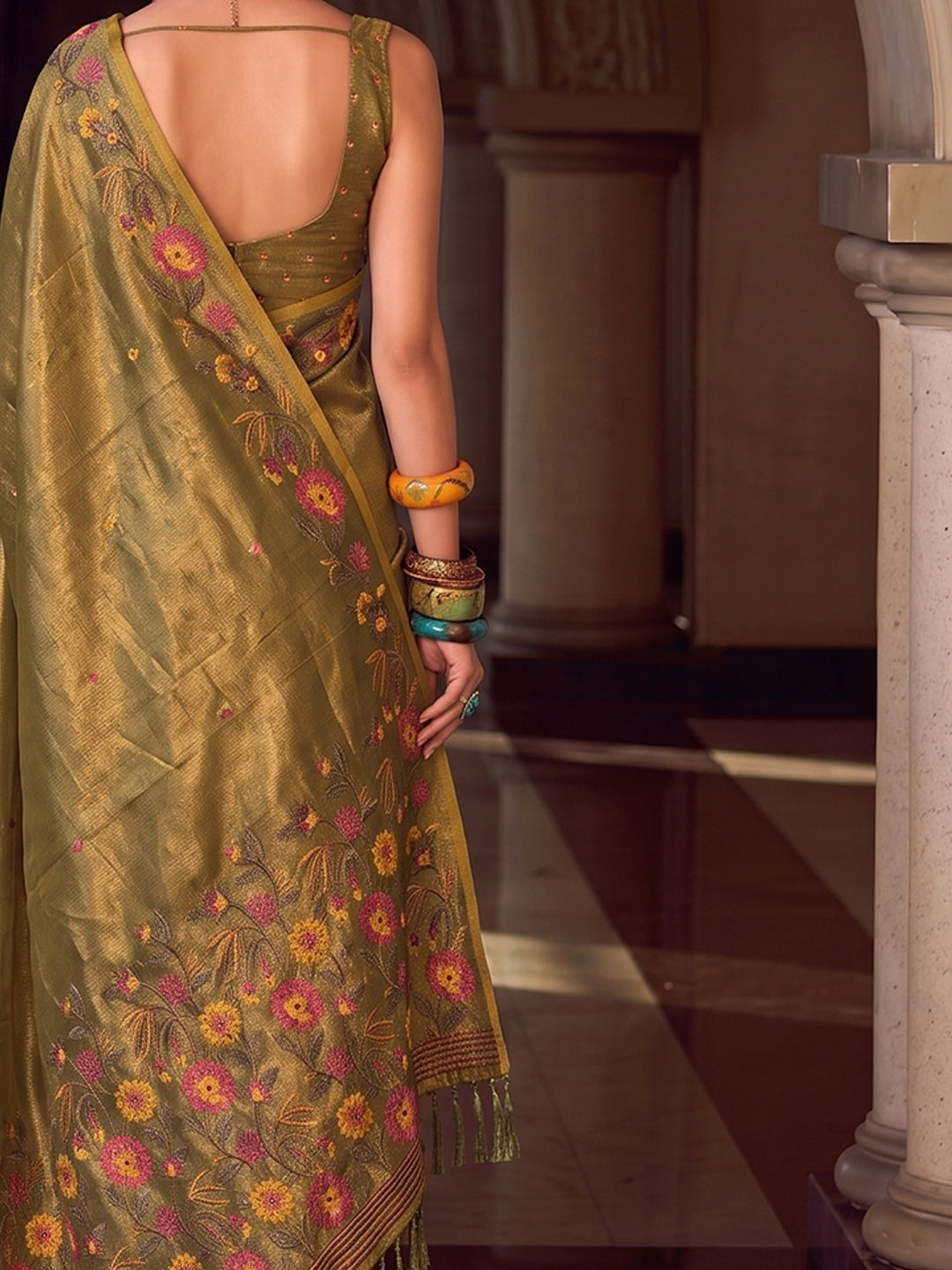 Peachmode Olive Green Tissue Silk Woven Saree - Image 5