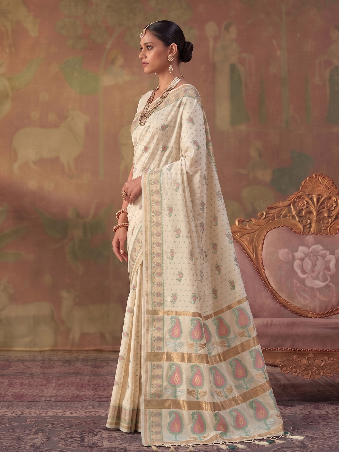 Peachmode Cream Soft Silk Woven Saree - Image 2