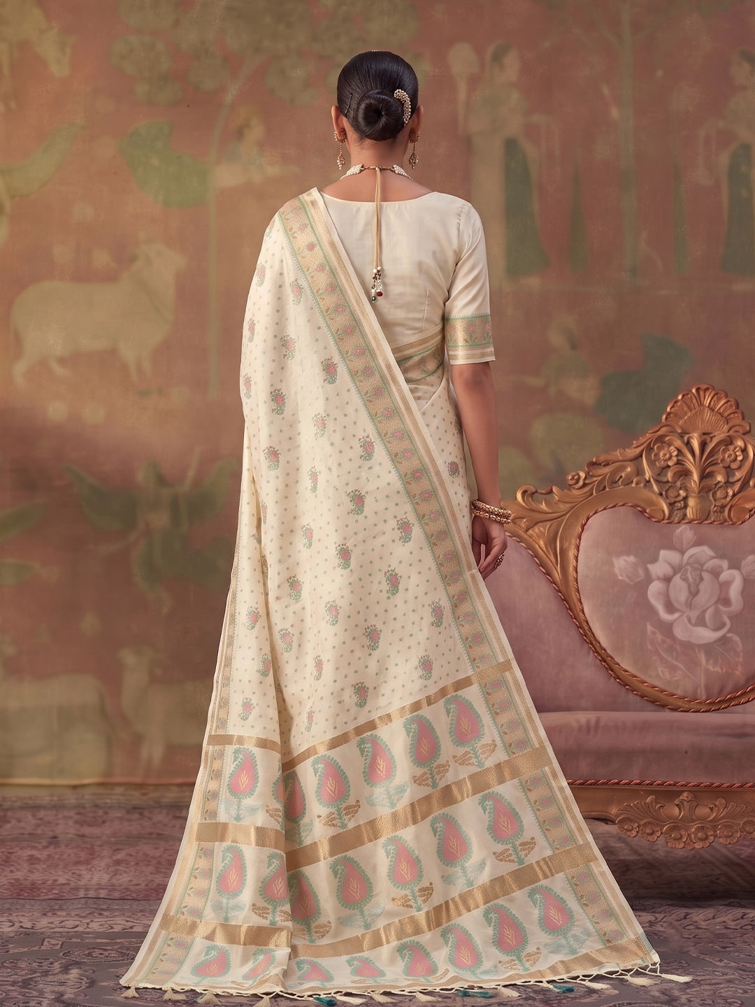 Peachmode Cream Soft Silk Woven Saree - Image 3