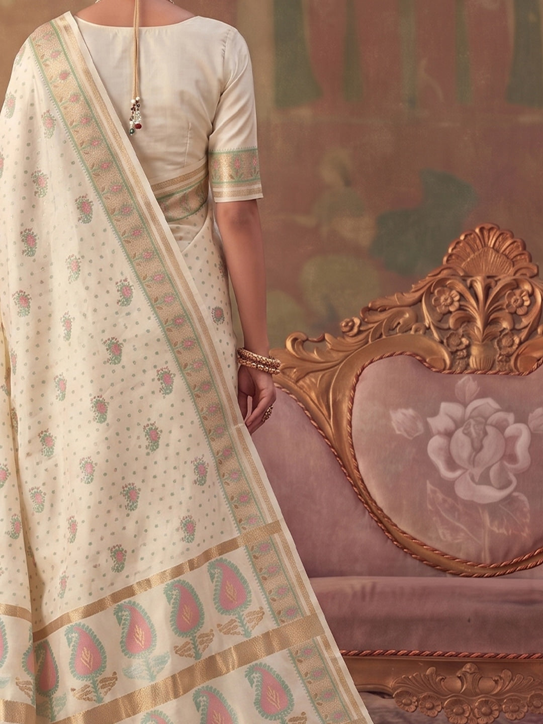 Peachmode Cream Soft Silk Woven Saree - Image 5