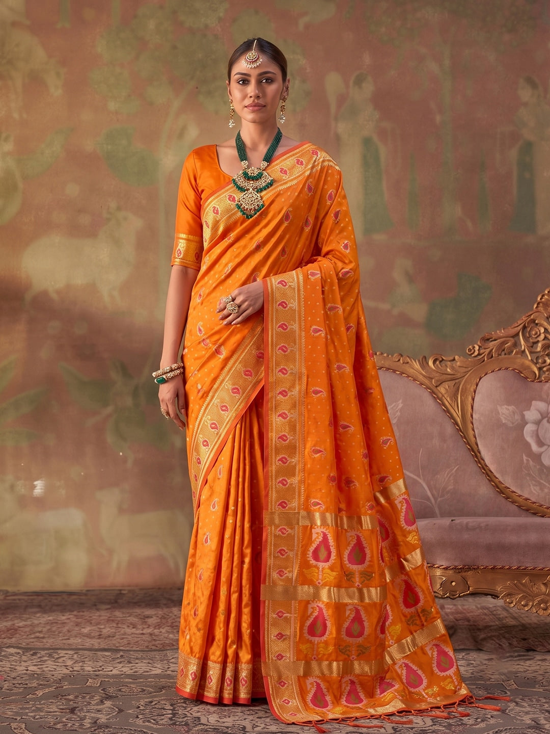 Peachmode Orange Soft Silk Woven Saree - Image 1