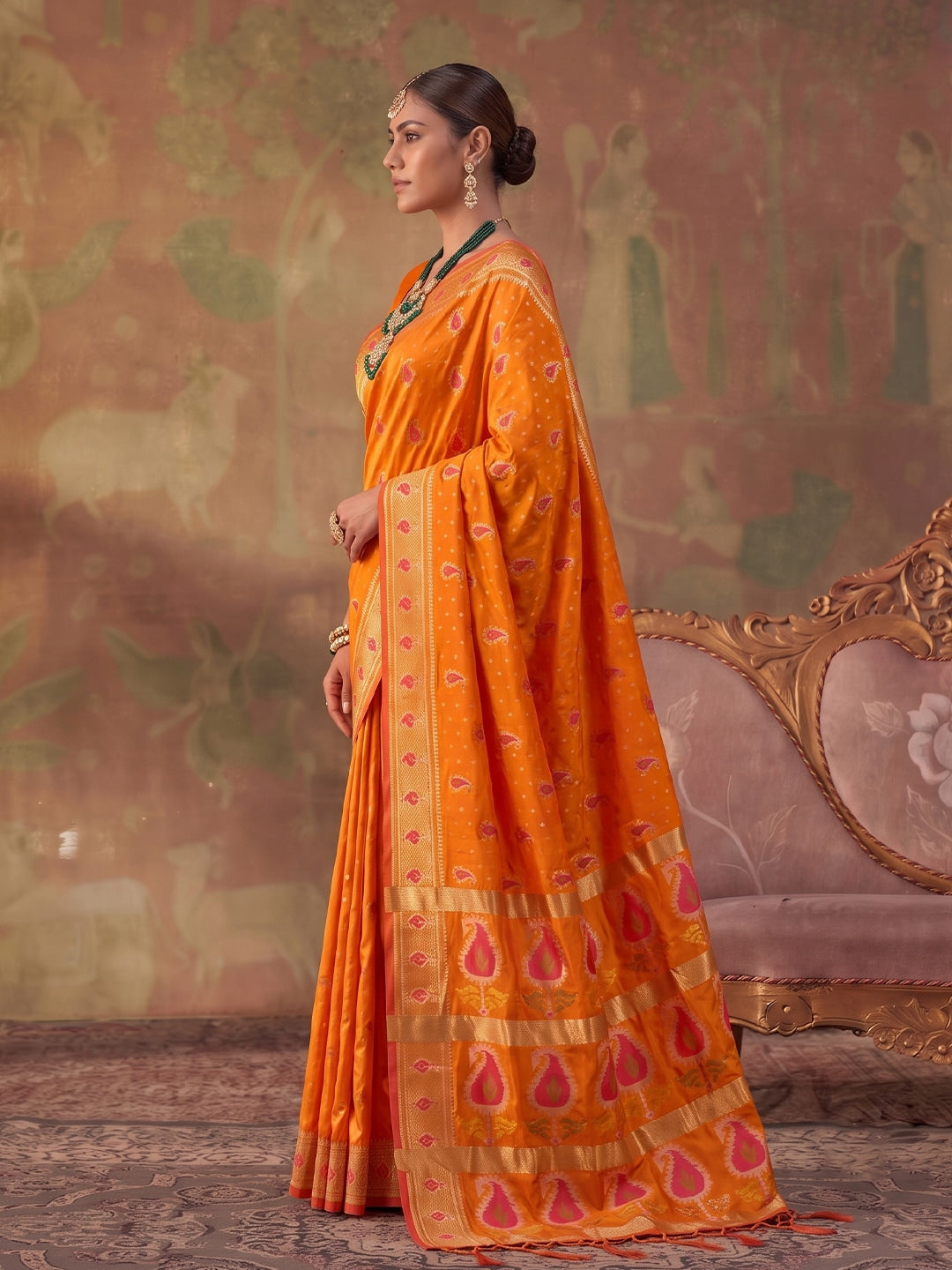Peachmode Orange Soft Silk Woven Saree - Image 2