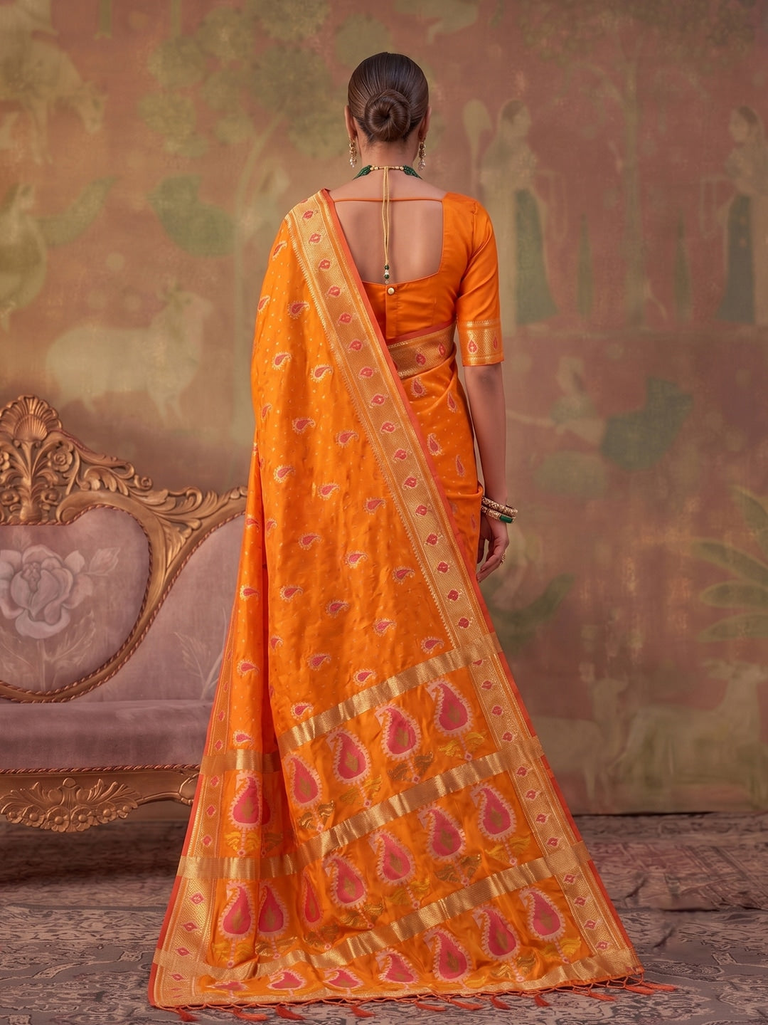 Peachmode Orange Soft Silk Woven Saree - Image 3