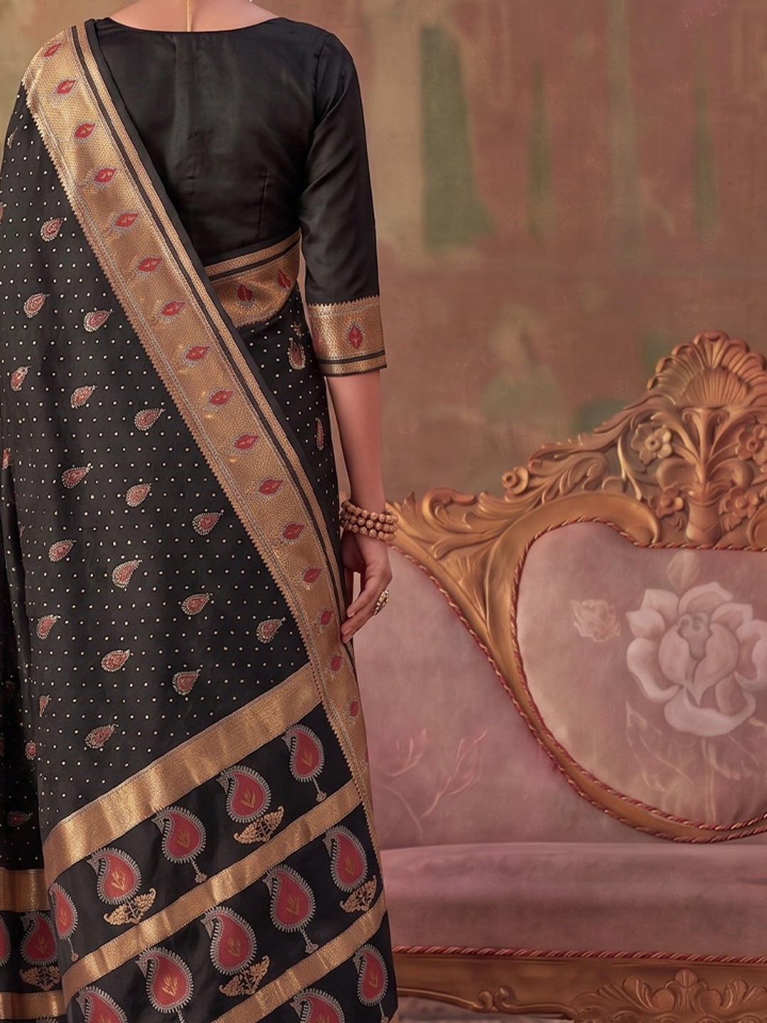 Peachmode Black Soft Silk Woven Saree - Image 5