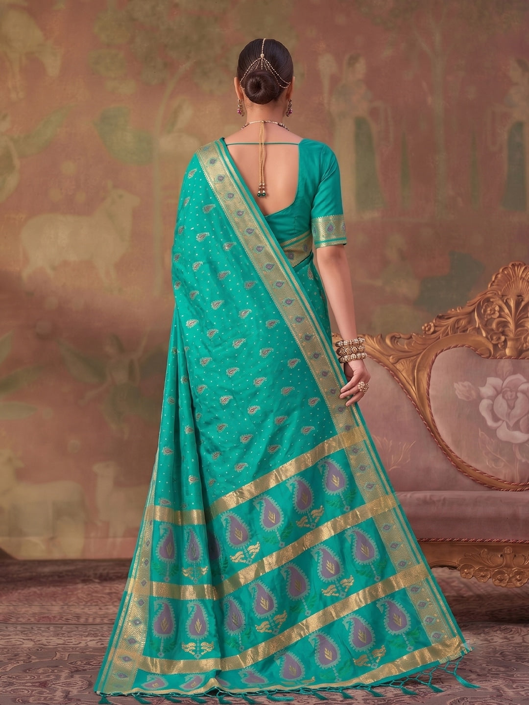 Peachmode Sea Green Soft Silk Woven Saree - Image 2