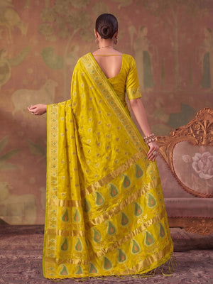 Peachmode Mustrd Yellow Soft Silk Woven Saree - Image 2