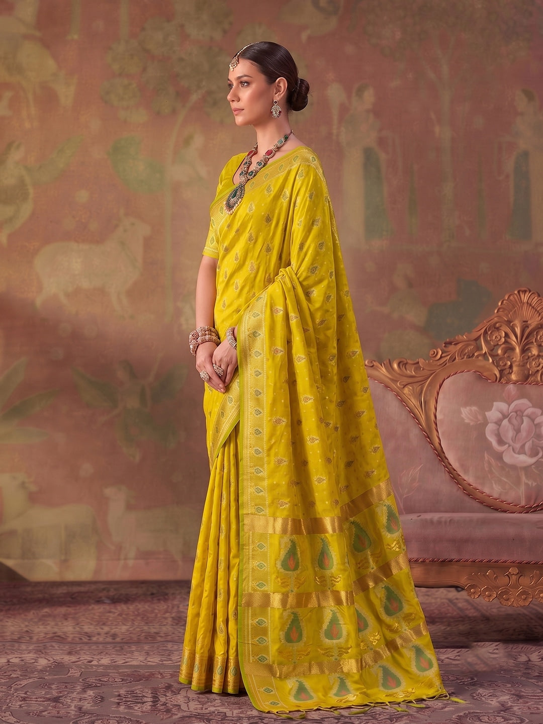 Peachmode Mustrd Yellow Soft Silk Woven Saree - Image 3