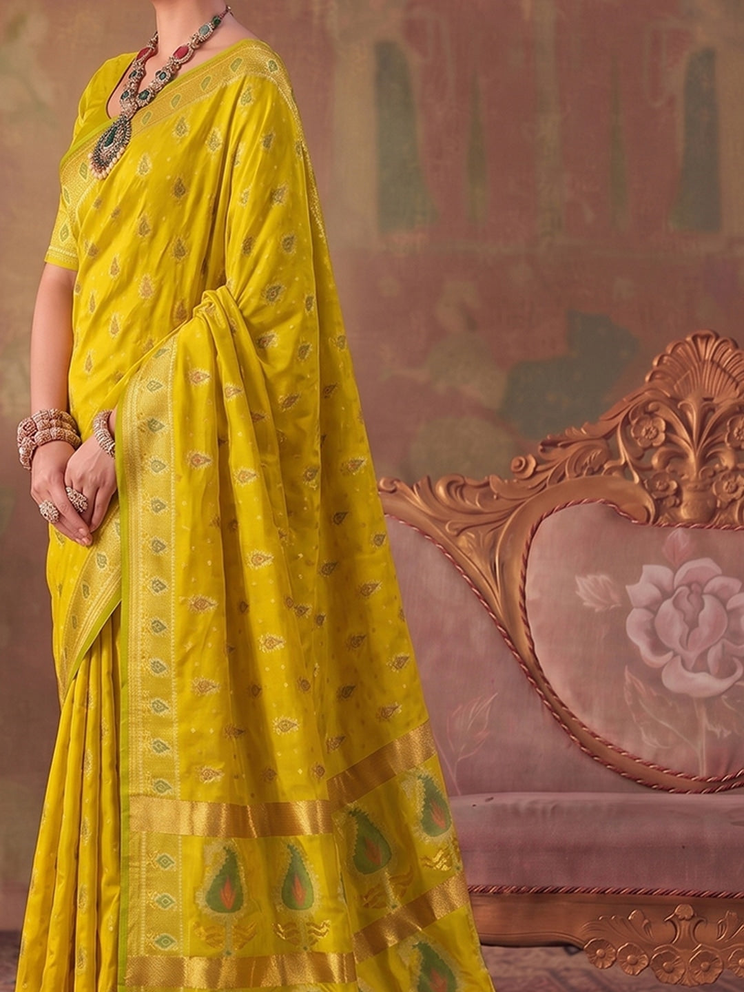 Peachmode Mustrd Yellow Soft Silk Woven Saree - Image 5