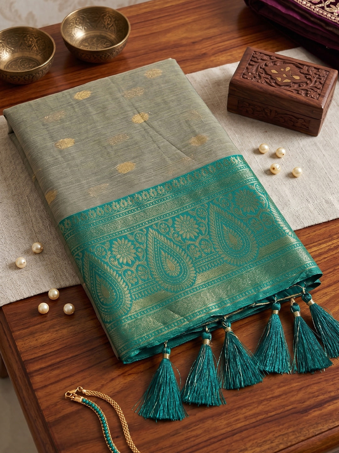 Peachmode Chiku Cotton Woven Saree - Image 4