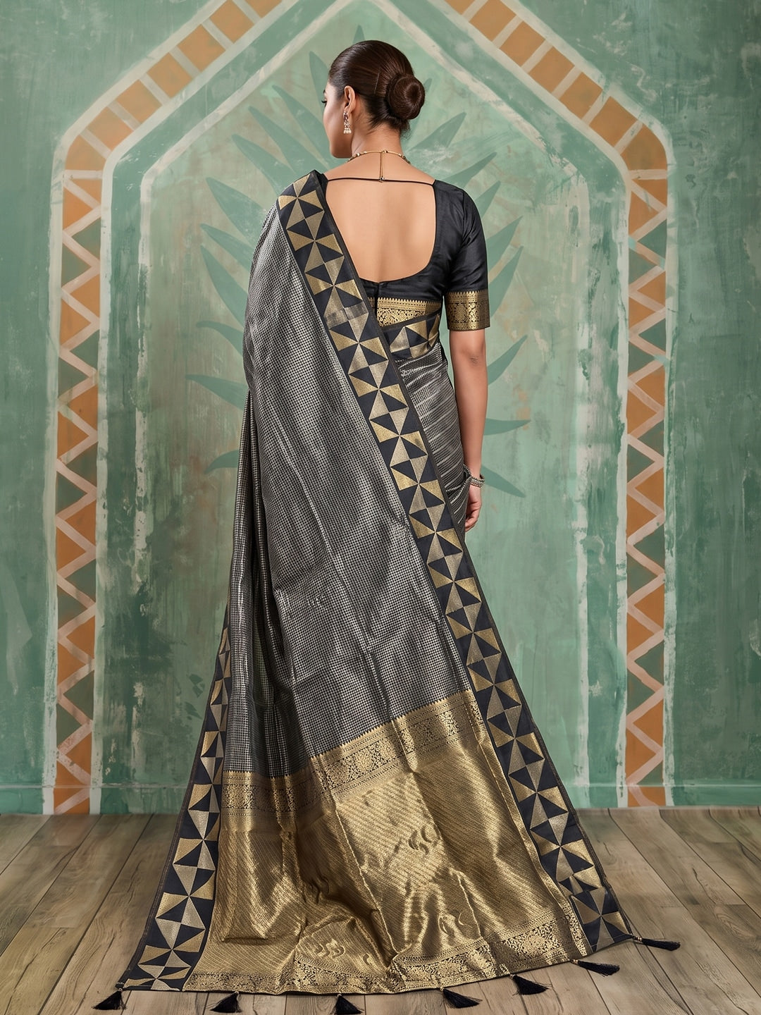 Peachmode Black Art Silk Woven Saree - Image 3