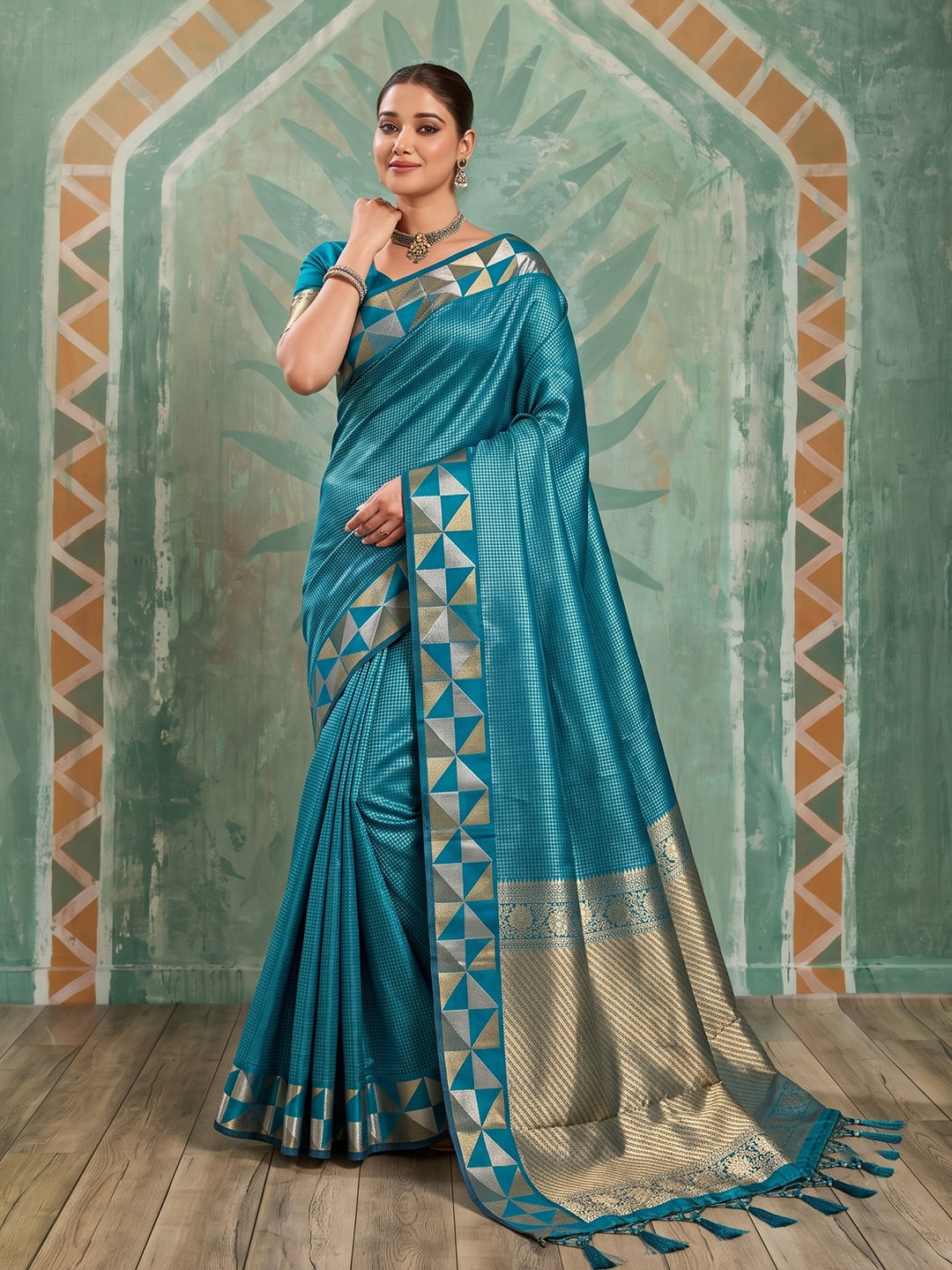 Peachmode Teal Art Silk Woven Saree - Image 1