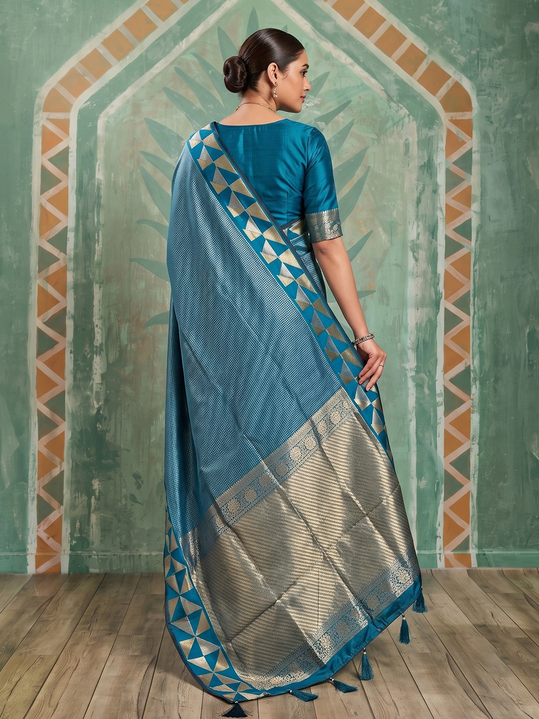 Peachmode Teal Art Silk Woven Saree - Image 3