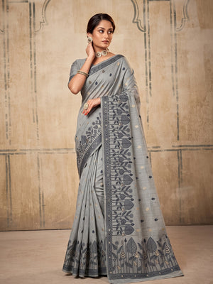 Peachmode Gray Cotton Woven Saree - Image 1