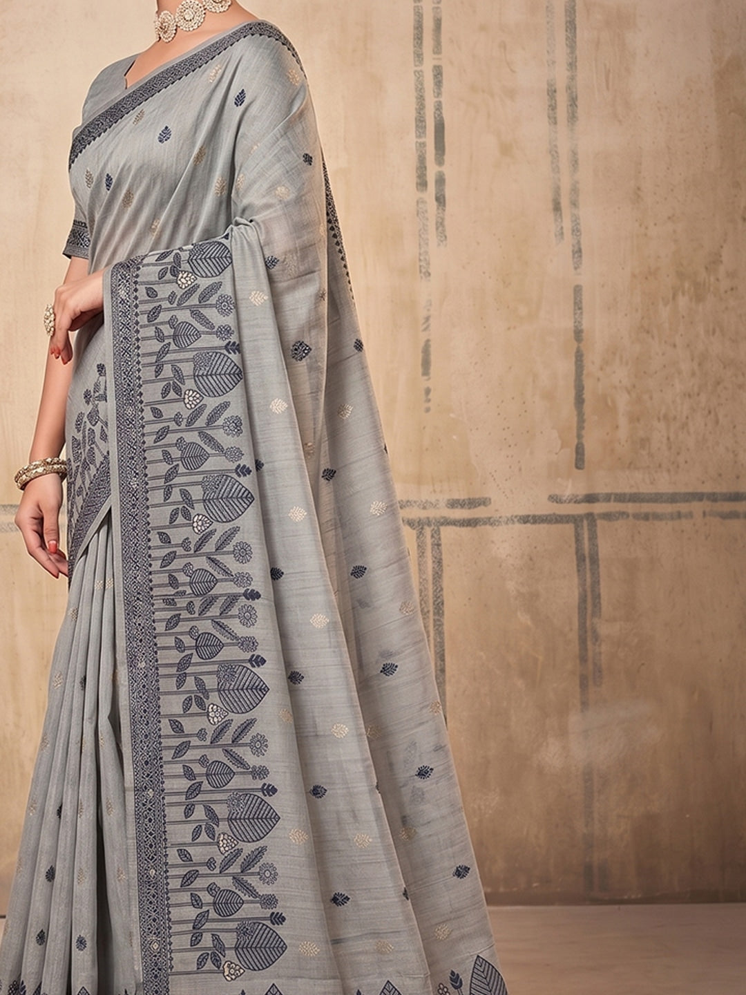 Peachmode Gray Cotton Woven Saree - Image 5