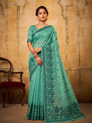 Peachmode Sea Green Cotton Woven Saree - Image 1