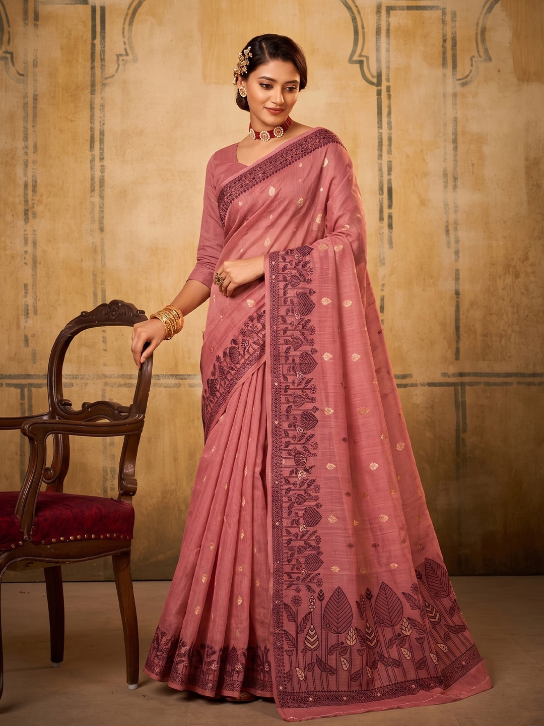 Peachmode Light Pink Cotton Woven Saree - Image 1