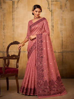 Peachmode Light Pink Cotton Woven Saree - Image 1