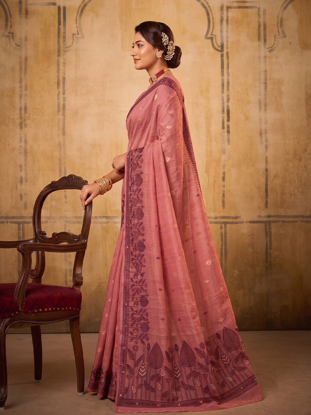 Peachmode Light Pink Cotton Woven Saree - Image 3