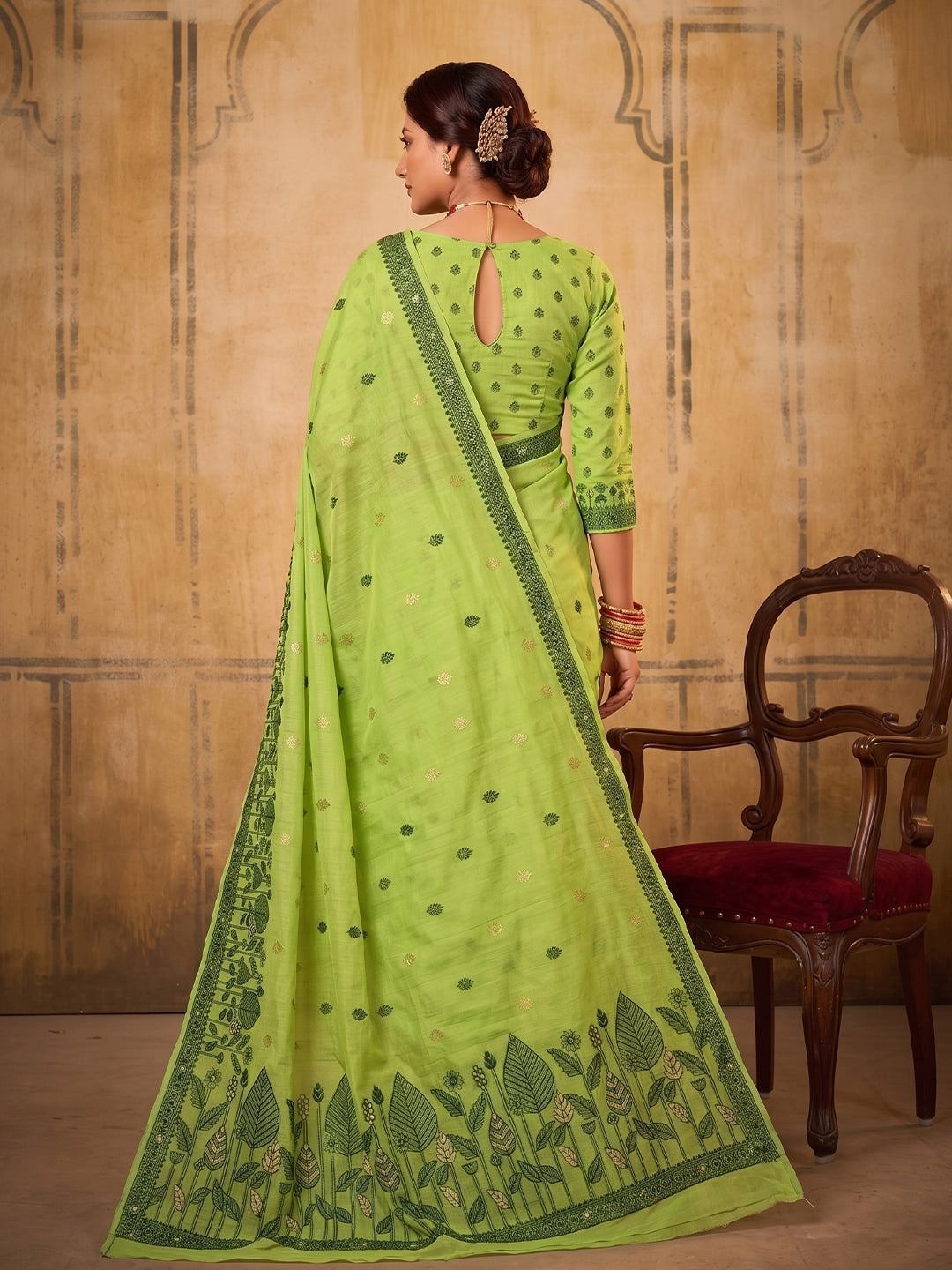 Peachmode Light Green Cotton Woven Saree - Image 3