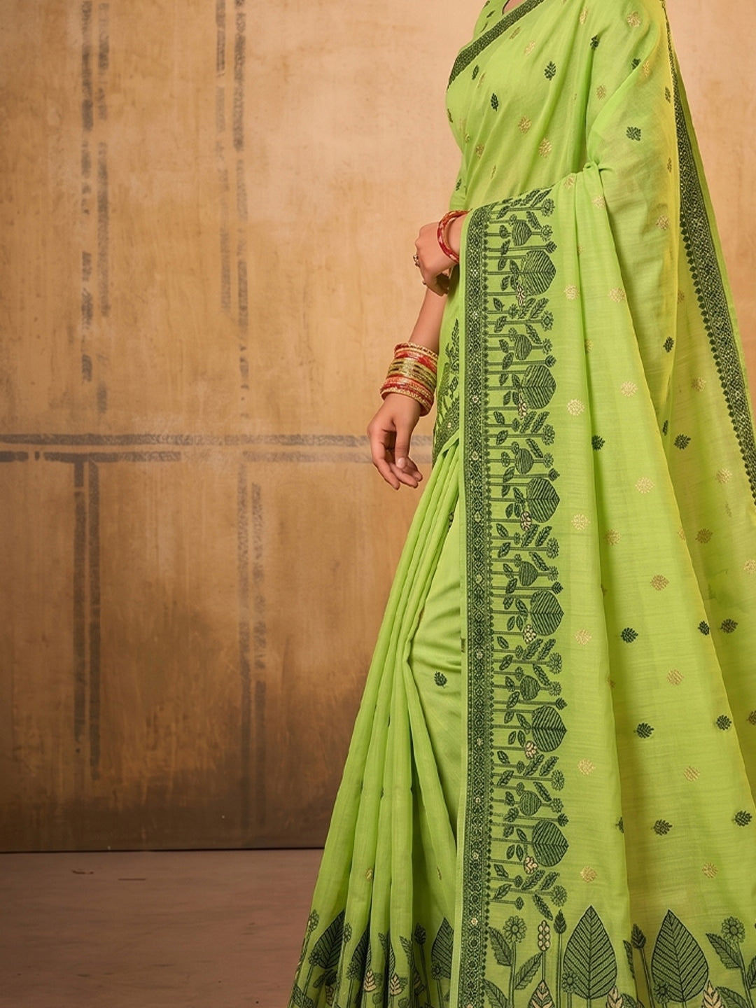 Peachmode Light Green Cotton Woven Saree - Image 4