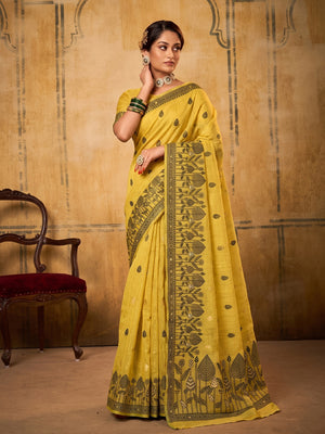 Peachmode Yellow Cotton Woven Saree - Image 1