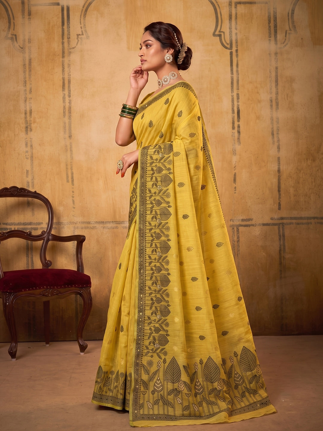 Peachmode Yellow Cotton Woven Saree - Image 3
