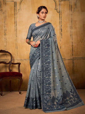 Peachmode Dark Gray Cotton Woven Saree - Image 1