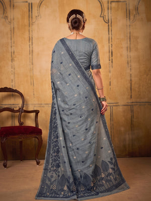 Peachmode Dark Gray Cotton Woven Saree - Image 2