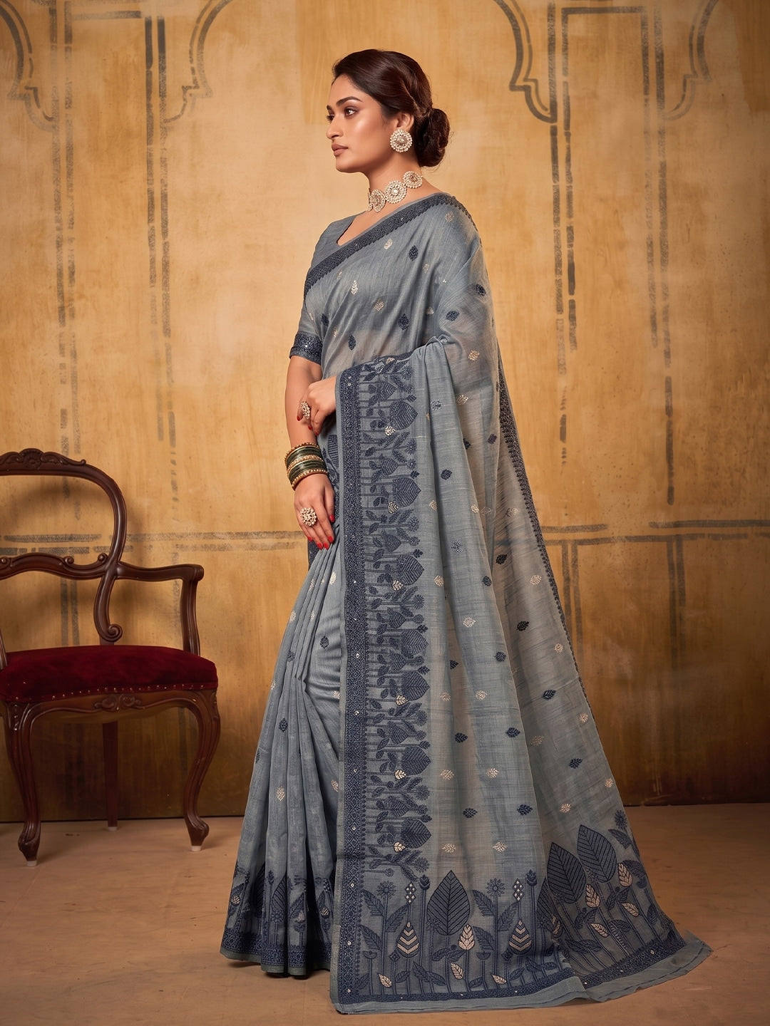 Peachmode Dark Gray Cotton Woven Saree - Image 3