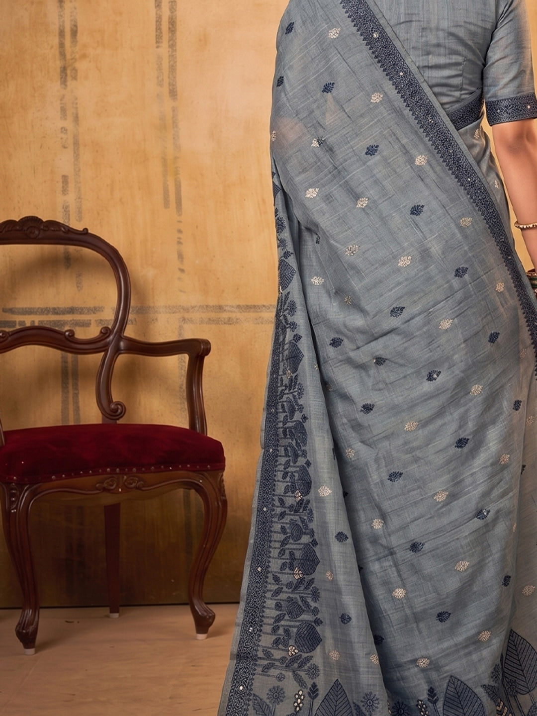 Peachmode Dark Gray Cotton Woven Saree - Image 4