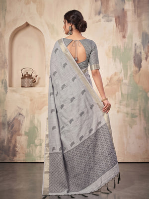 Peachmode Gray Linen Woven Saree - Image 2