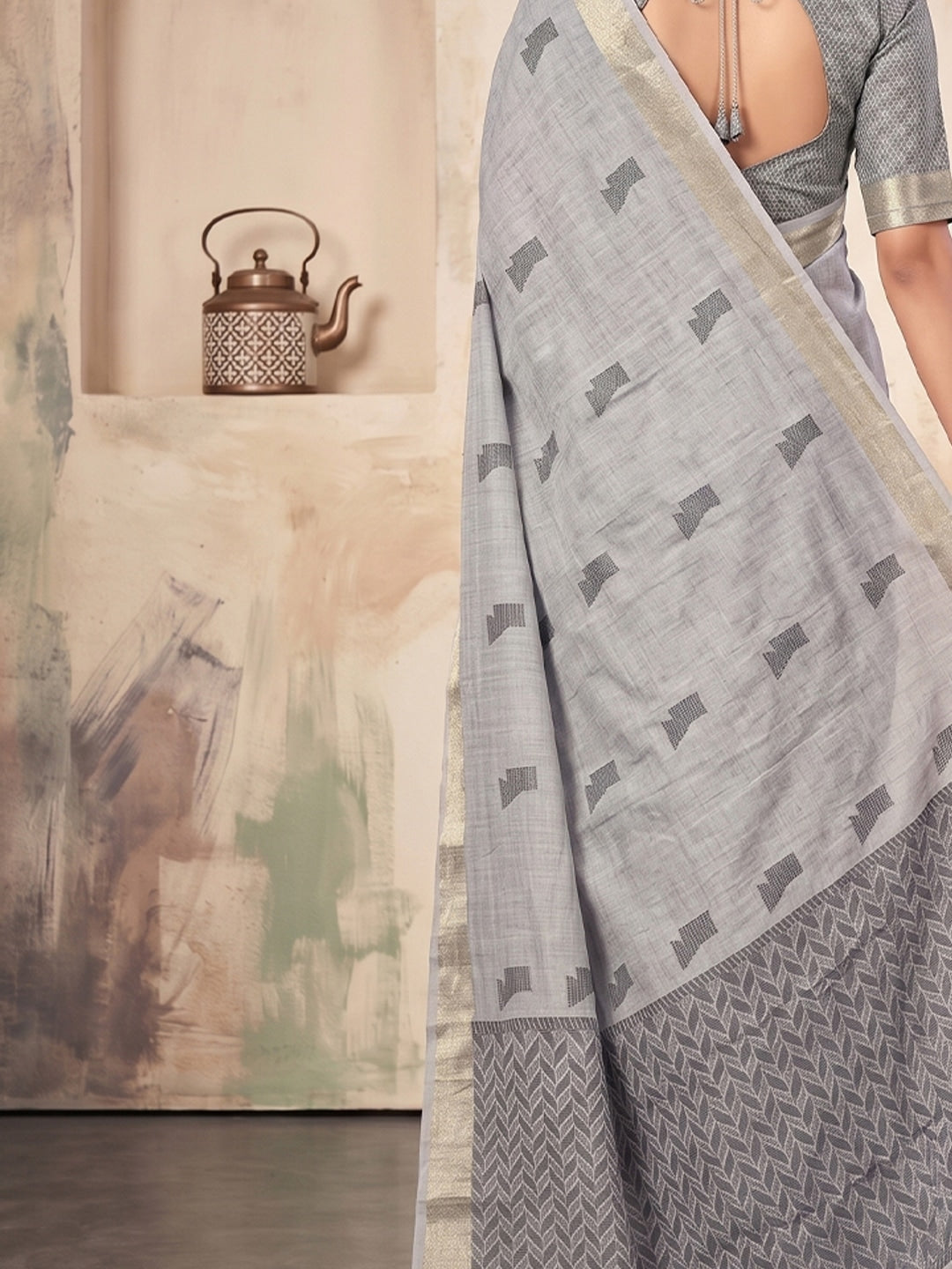 Peachmode Gray Linen Woven Saree - Image 5