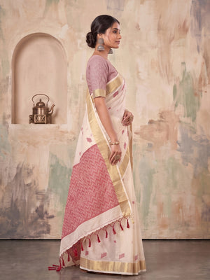 Peachmode Cream Linen Woven Saree - Image 2