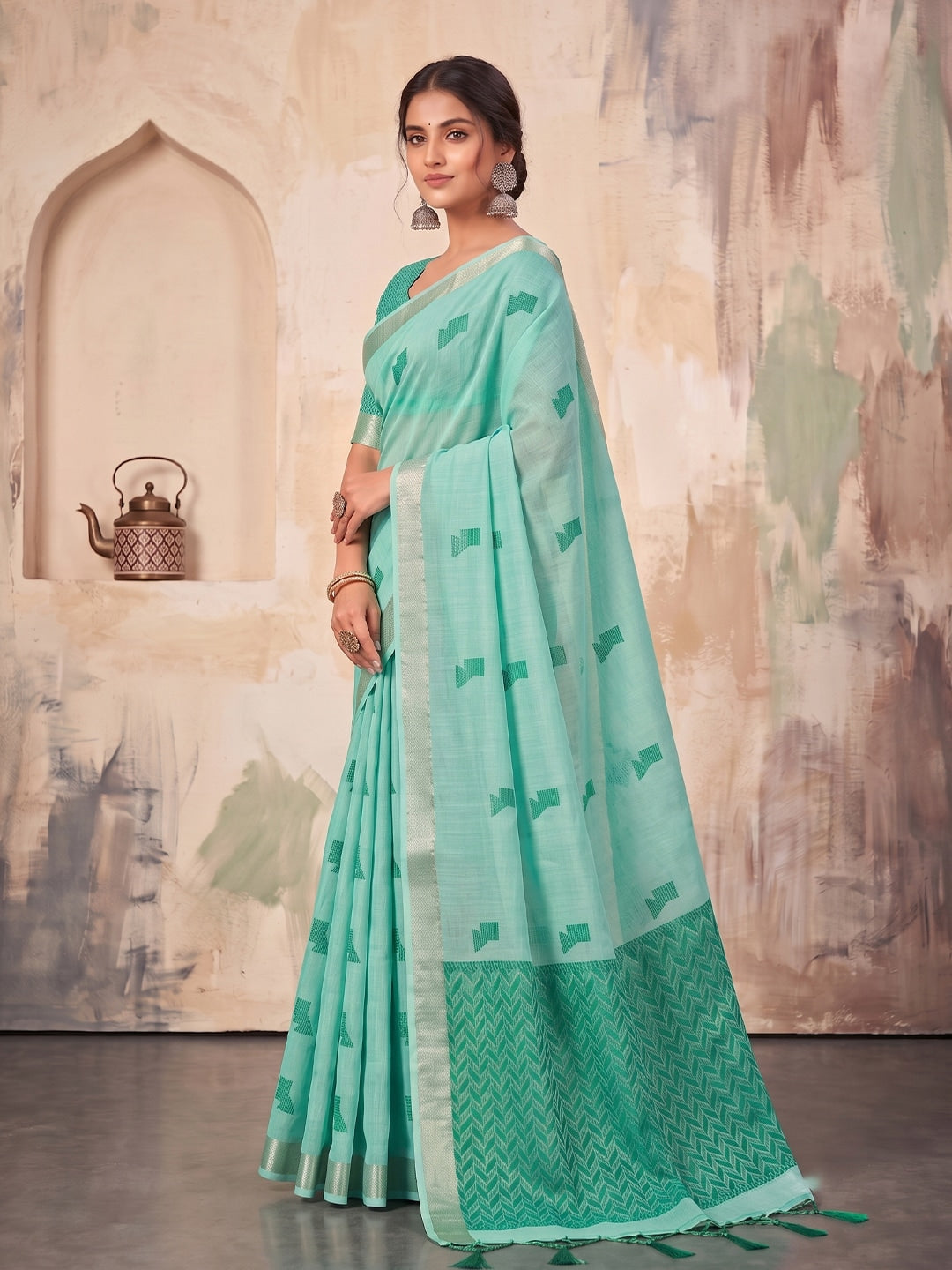 Peachmode Teal Green Linen Woven Saree - Image 2