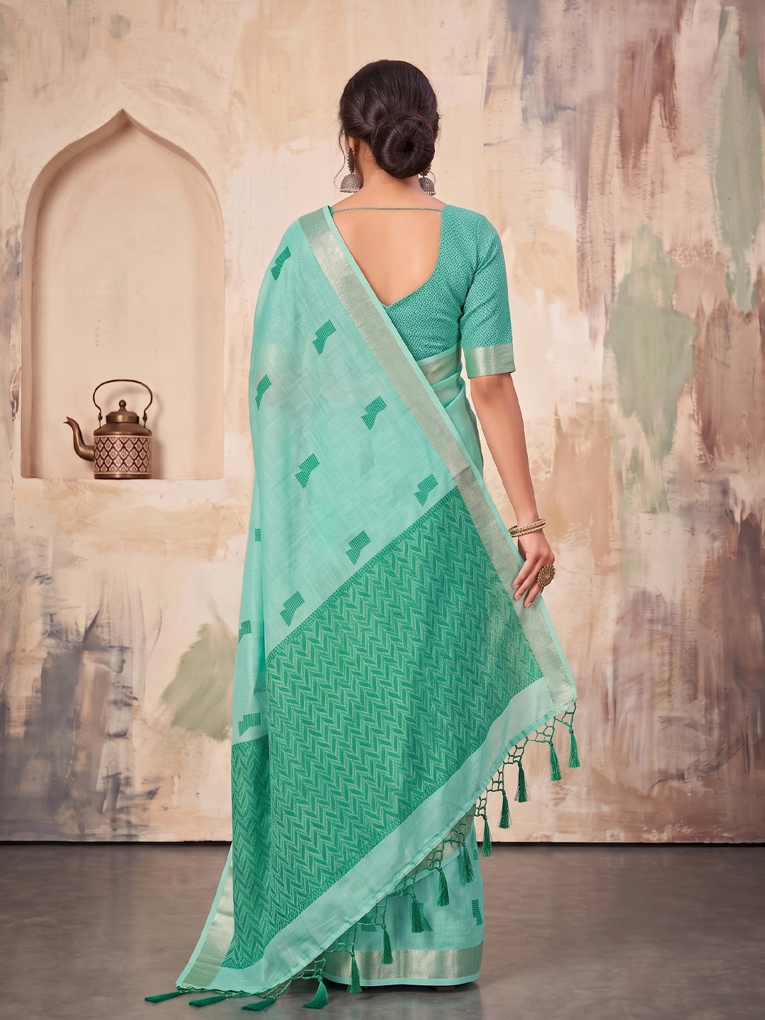 Peachmode Teal Green Linen Woven Saree - Image 3